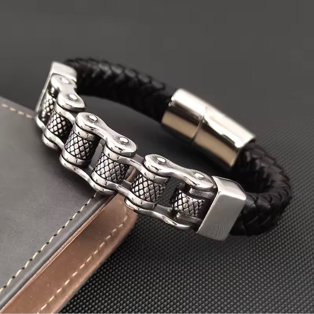 Black Braided Leather and Silver Chain Men's Bracelet
